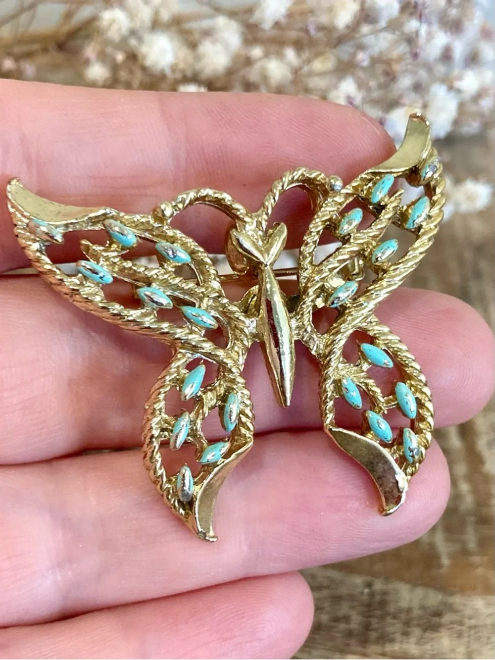 Vintage Gerry’s Gold Tone and Light Turquoise Colored Butterfly Brooch / Pendant